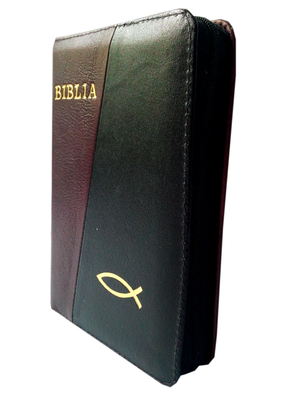 Biblie din piele, mica, visiniu / negru, fermoar, aurita, cu peste, cuv. lui Isus in rosu [043 A]