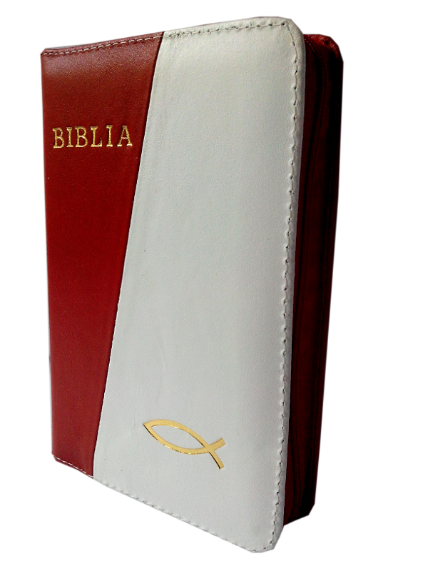 Biblie din piele, mica, rosu / nuanta de alb, fermoar, cu peste, cuv. lui Isus in rosu [043 A]