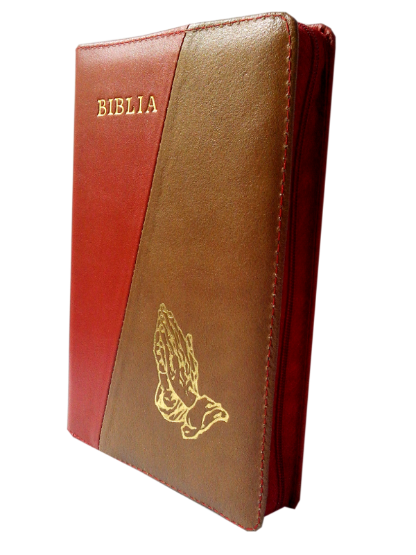 Biblia din piele, marime medie, rosu / bej, fermoar, cu maini [053]