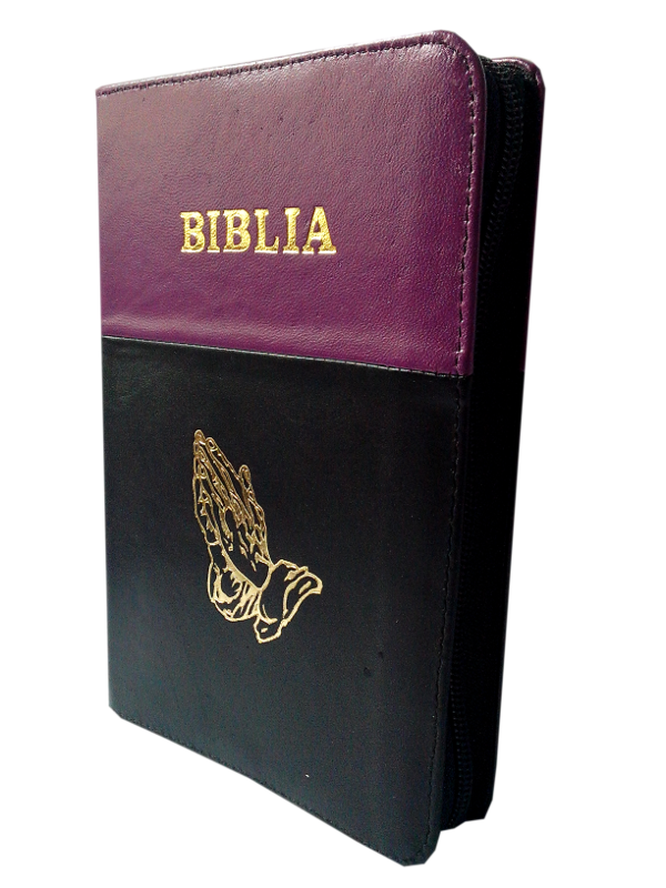 Biblia din piele, marime medie, violet - negru, fermoar, cu maini [053]