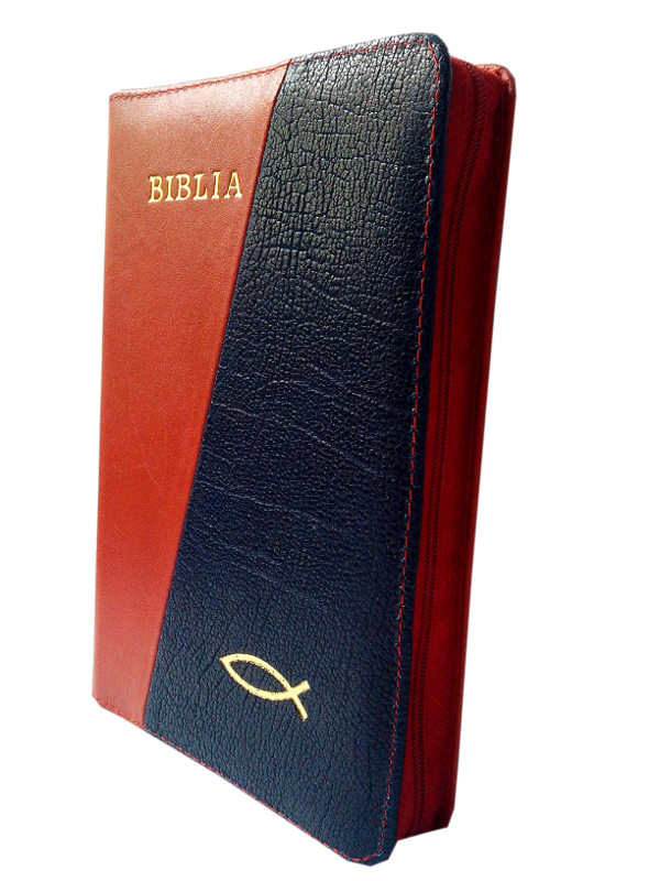 Biblia din piele, rosu / bleumarin inchis, dimensiune mica, fermoar, cu peste, cuv. lui Isus cu rosu  [043]