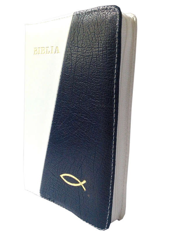 Biblia din piele, marime medie, alb / albastru mineral, fermoar, cu peste [053]