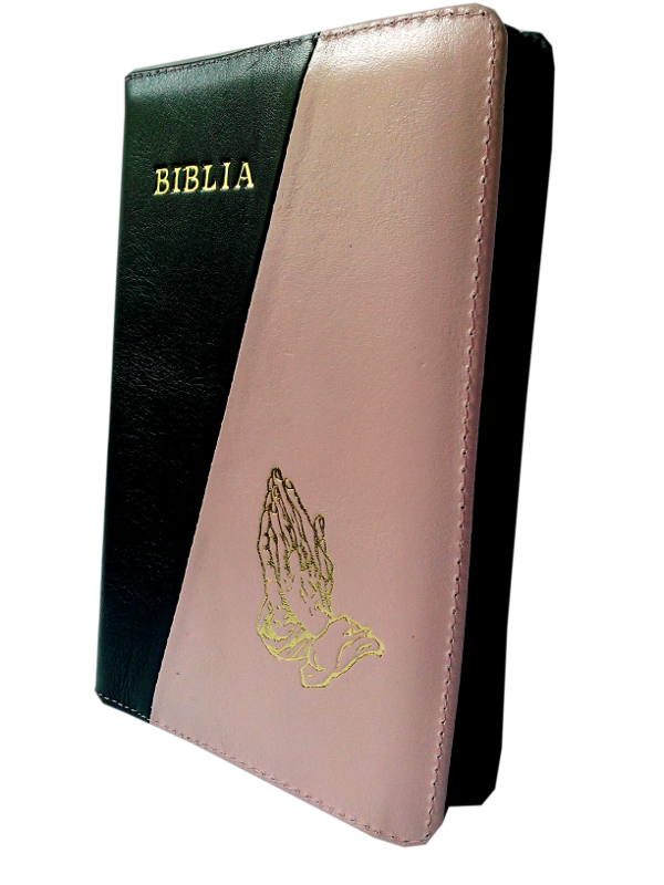 Biblia din piele, marime medie, negru / roz, fermoar, cu maini [053]