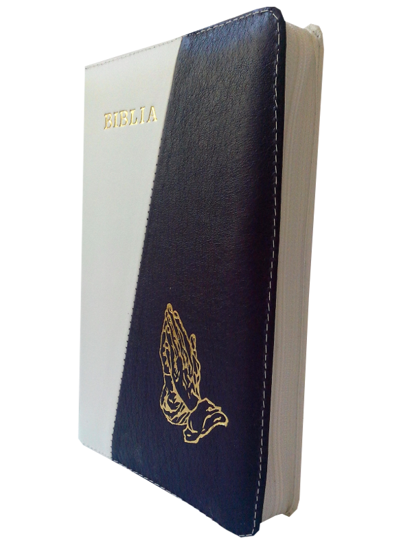 Biblia din piele, marime medie, alb / violet episcopal, fermoar, cu maini [053]