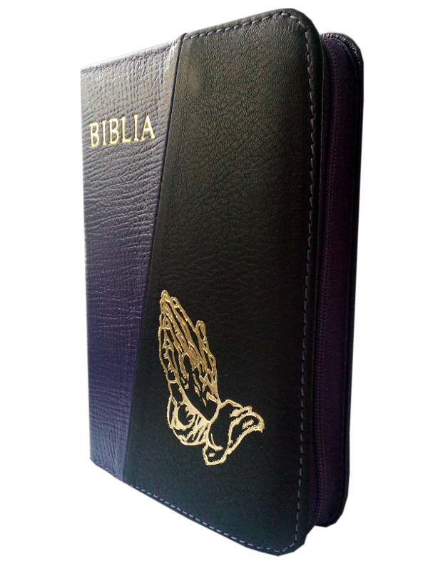 Biblie din piele, mica, mov cu striatii / negru, fermoar, aurita, cu maini, cuv. lui Isus in rosu [043 A]