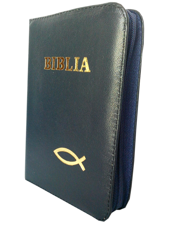Biblie din piele, mica, albastru mineral, fermoar, aurita, cu peste, cuv. lui Isus in rosu [043 A]