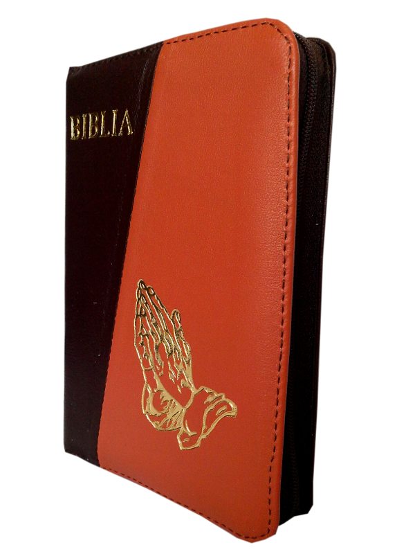 Biblie din piele, mica, visiniu / caramiziu, fermoar, aurita, cu maini, cuv. lui Isus in rosu [043 A]