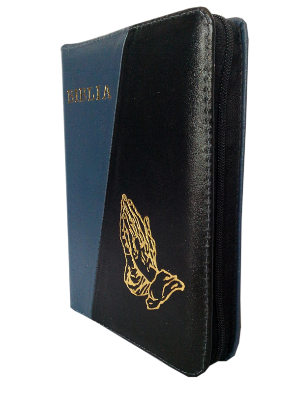 Biblie din piele, mica, bleumarin / negru, fermoar, aurita, cu maini, cuv. lui Isus in rosu [043 A]
