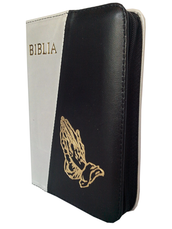 Biblie din piele, mica, argintiu / negru, fermoar, aurita, cu maini, cuv. lui Isus in rosu [043 A]