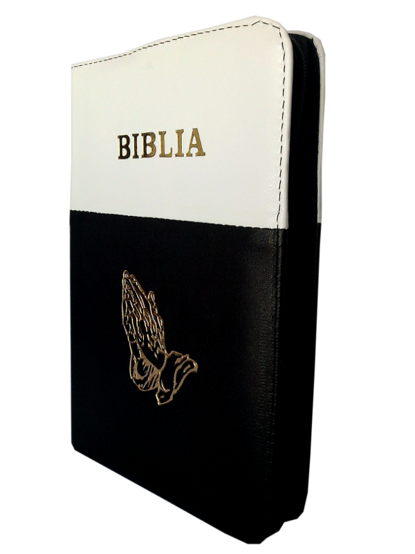 Biblia din piele, marime medie, alb-negru, fermoar, margini aurii, cu maini, cuv. lui Isus cu rosu [052]