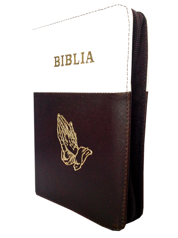 Biblia din piele, marime medie, alb - maro inchis, fermoar, cu maini [053]