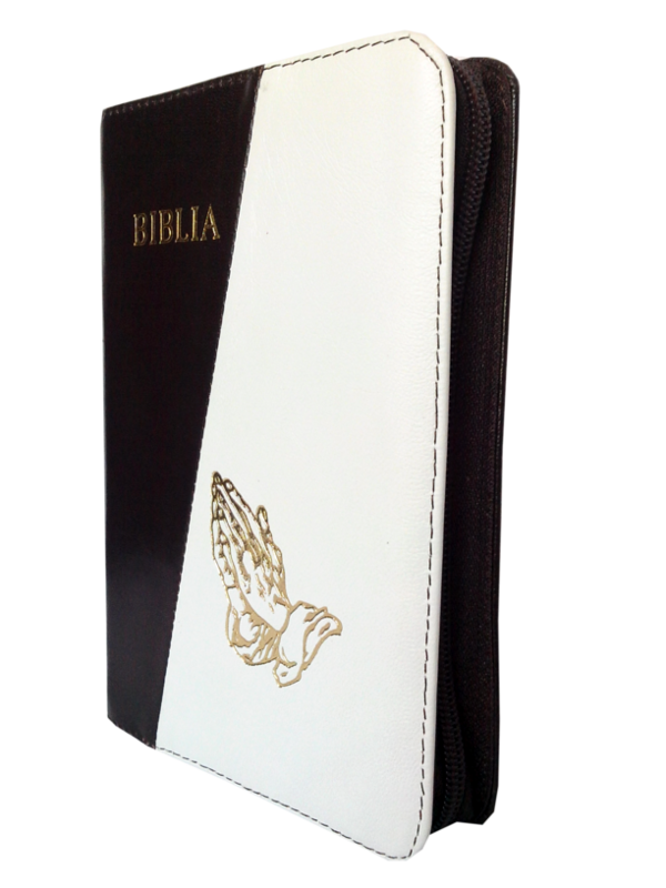 Biblia din piele, marime medie, ciocolatiu / alb, fermoar, cu maini [053]