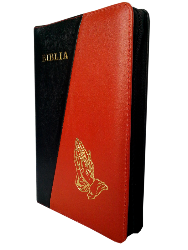 Biblia din piele, marime medie, negru / rosu, fermoar, cu maini [053]