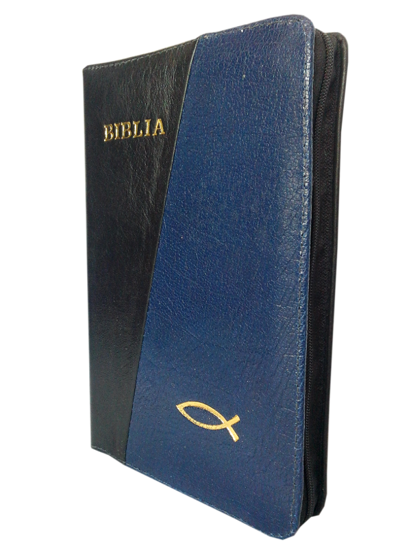 Biblia din piele, medie, negru / albastru indigo, fermoar, aurita, cu peste, cuv. lui Isus cu rosu [052]