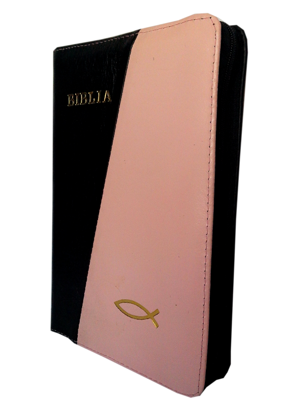 Biblia din piele, medie, negru / roz, fermoar, aurita, cu peste, cuv. lui Isus cu rosu [052]