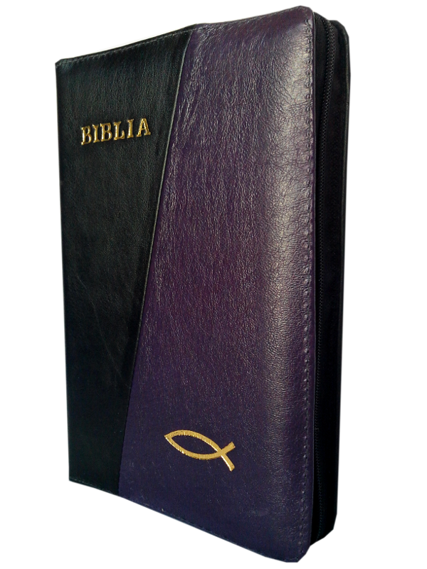 Biblia din piele, medie, negru / mov, fermoar, aurita, cu peste, cuv. lui Isus cu rosu [052]