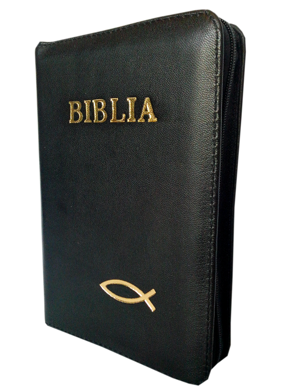 Biblia din piele, marime medie, neagra, fermoar, cu peste, cuv. lui Isus cu rosu [053]