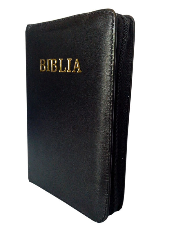 Biblie din piele, mica, neagra, fermoar, aurita, cuv. lui Isus in rosu [043 A]