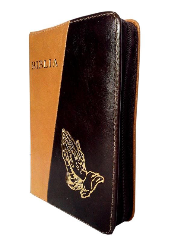 Biblie din piele, mica, maro deschis / maro inchis, fermoar, cu maini, cuv. lui Isus in rosu [043 A]