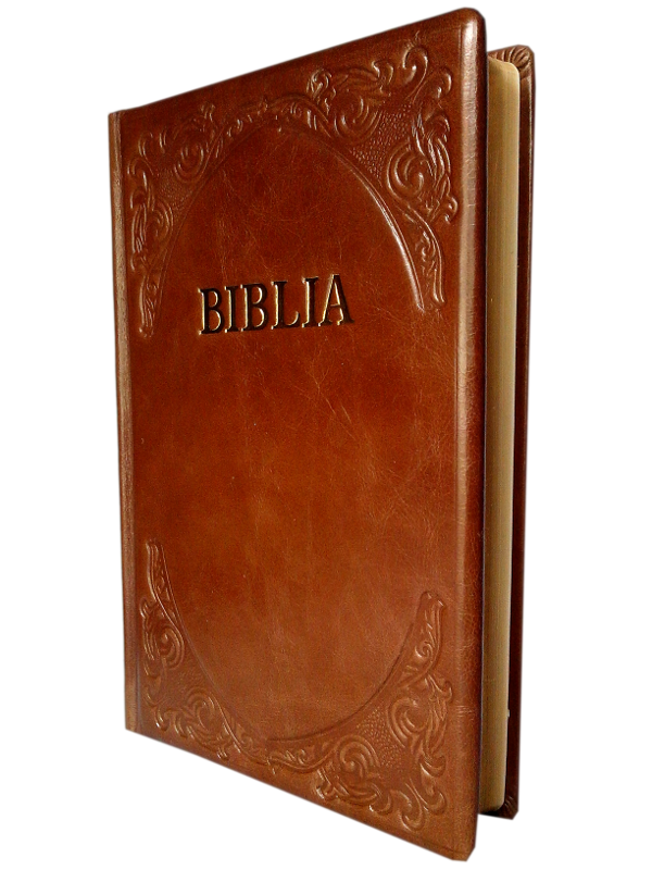 Biblie foarte mare, coperta din piele prelucrata manual, maro, aurita, cuv. lui Isus cu rosu [083 PR]