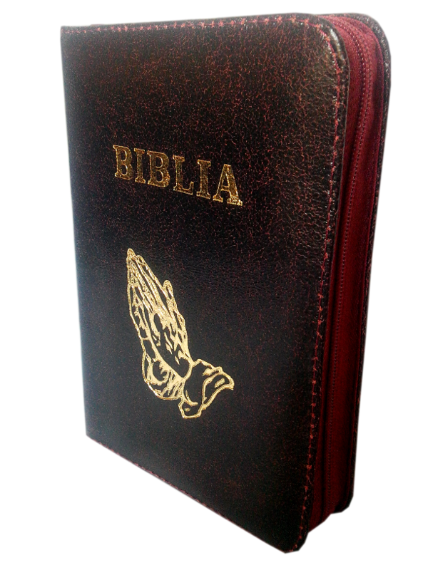 Biblie din piele, mica, amestec visiniu-negru, fermoar, aurita, cu maini, cuv. lui Isus in rosu [043 A]