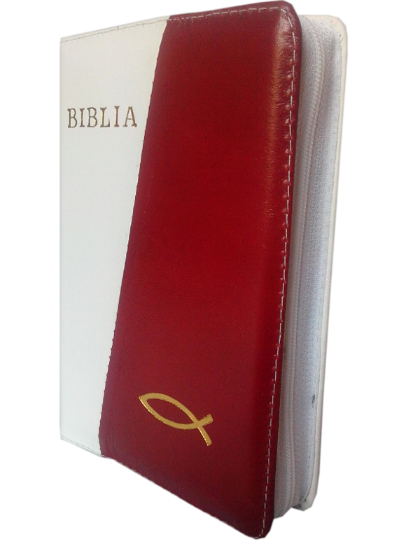 Biblie din piele, mica, alb / visiniu, fermoar, cu peste, cuv. lui Isus in rosu [043 A]