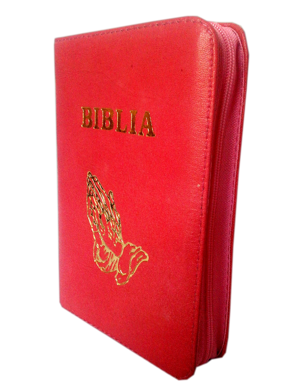 Biblie din piele, mica, roz, fermoar, cu maini, cuv. lui Isus in rosu [043 A]