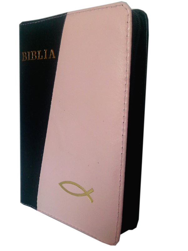 Biblie din piele, mica, negru / roz, fermoar, aurita, cu peste, cuv. lui Isus in rosu [043 A]