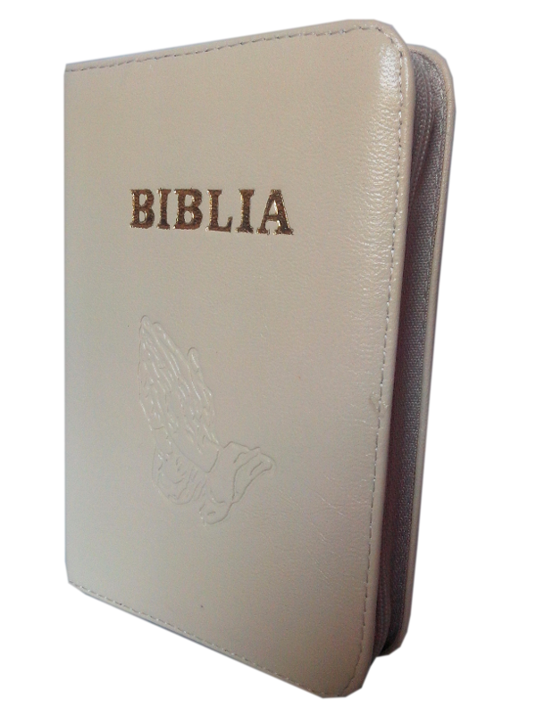 Biblie din piele, mica, bej, fermoar, aurita, cu maini gravate, cuv. lui Isus in rosu [043 A]