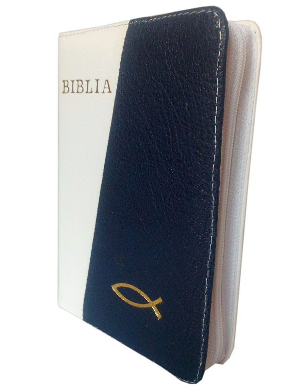 Biblie din piele, mica, alb / bleumarin, fermoar, simbol peste [043 A]