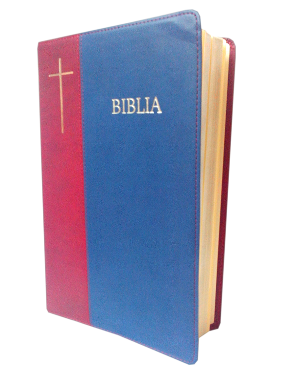 Biblia de lux, mare, piele ecologica, visiniu | bleumarin, argintata, cuv. lui Isus cu rosu [SI 073 P]