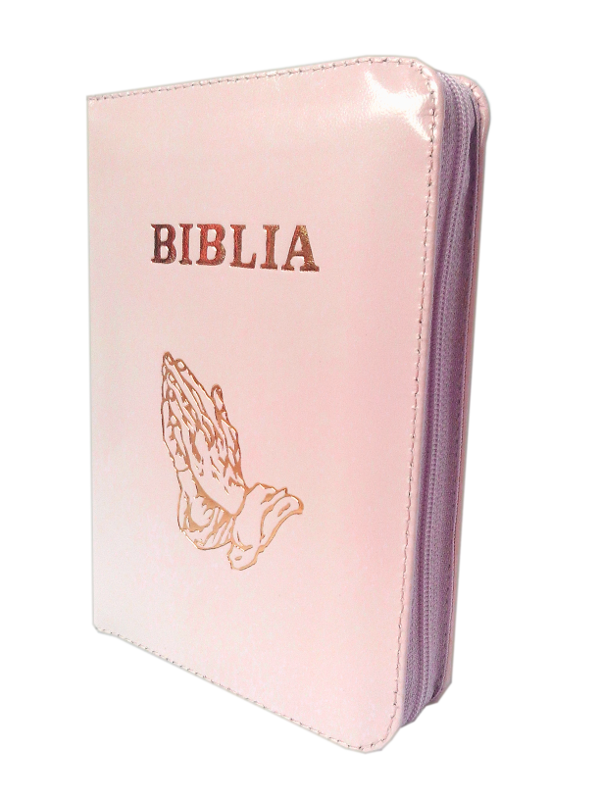 Biblie din piele, mica, roz pal, fermoar, margini argintii, simbol maini, cuv. lui Isus cu rosu [043]