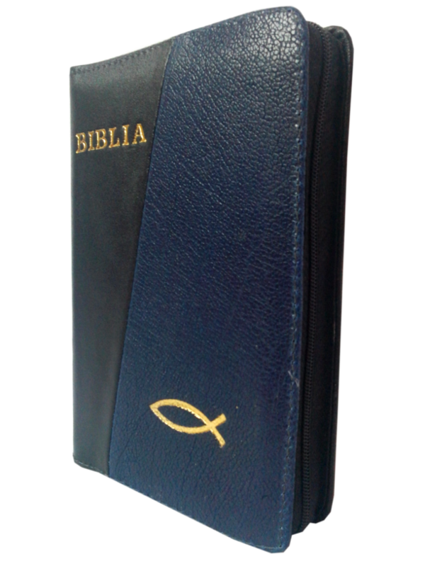 Biblie din piele, mica, negru / indigo, fermoar, aurita, cu peste, cuv. lui Isus in rosu [043 A]