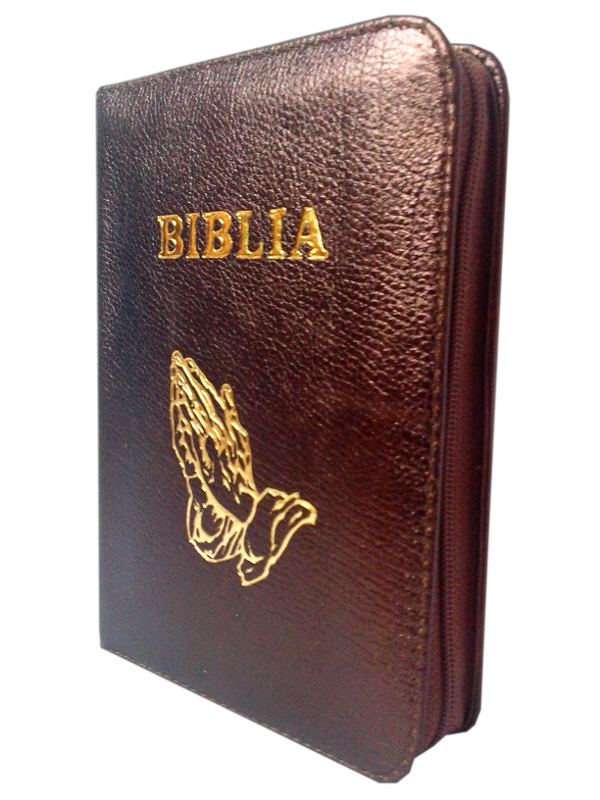 Biblie din piele, mica, maro stralucitor, fermoar, aurita, cu maini, cuv. lui Isus in rosu [043 A]