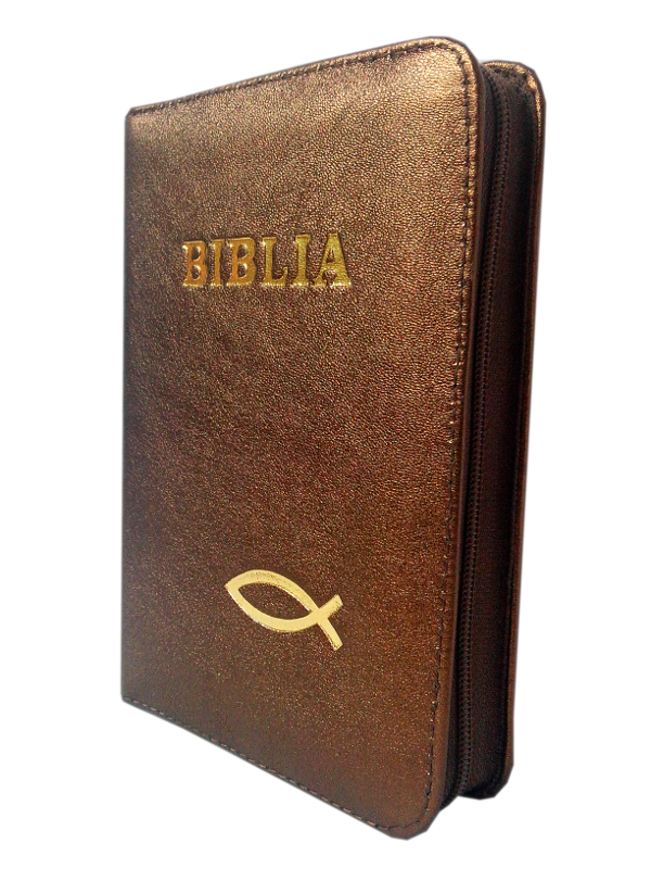 Biblie din piele, mica, maro stralucitor, fermoar, aurita, cu peste, cuv. lui Isus in rosu [043 A]