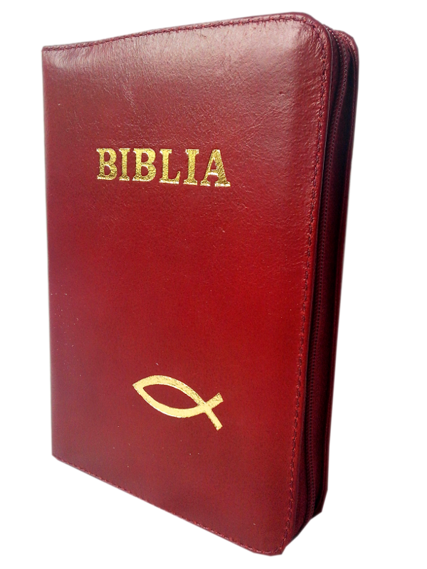 Biblie din piele, mica, rosu inchis, fermoar, aurita, cu peste, cuv. lui Isus in rosu [043 A]