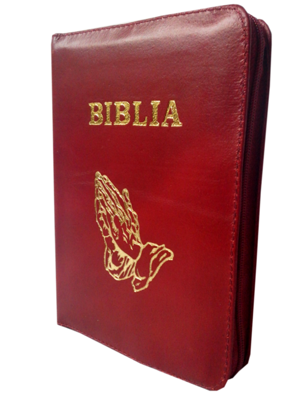 Biblie din piele, marime medie, culoare, roșu închis, simbol maini in rugaciune, fermoar, index, margini aurii, cuv. lui Isus cu rosu [SB 057 PFI]
