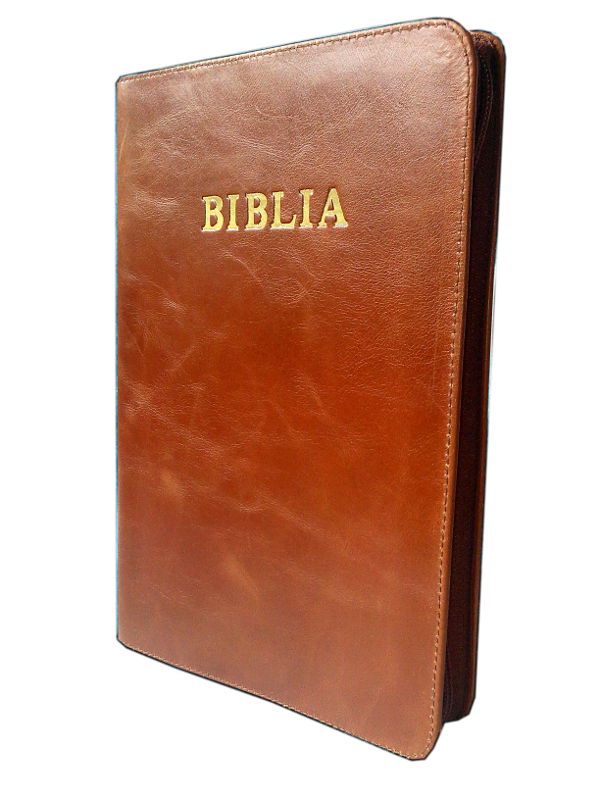 Biblia mare, din piele, maro deschis, fermoar, margini aurii, cuv. lui Isus in rosu [073 PFR]