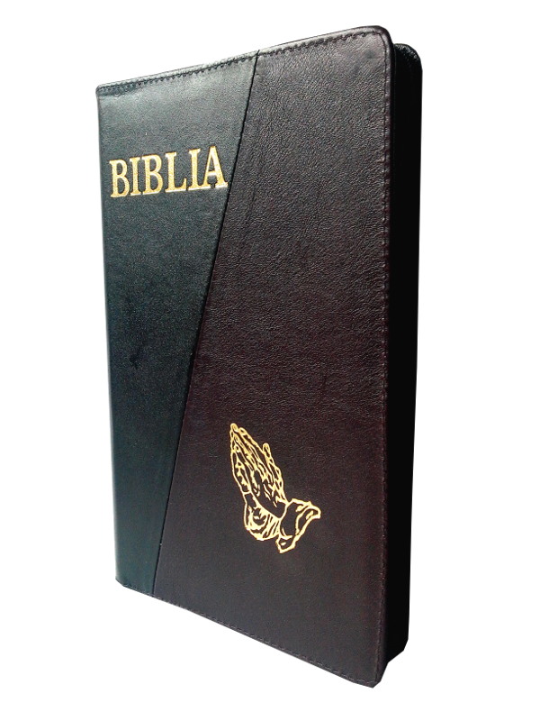 Biblia mare, din piele, negru / mov, fermoar, margini aurii, cu maini, cuv. lui Isus in rosu [073 PFR]