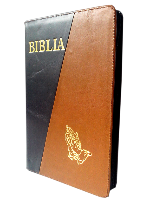 Biblia mare, din piele, maro deschis / maro inchis, fermoar, margini aurii, cu maini, cuv. lui Isus in rosu [073 PFR]