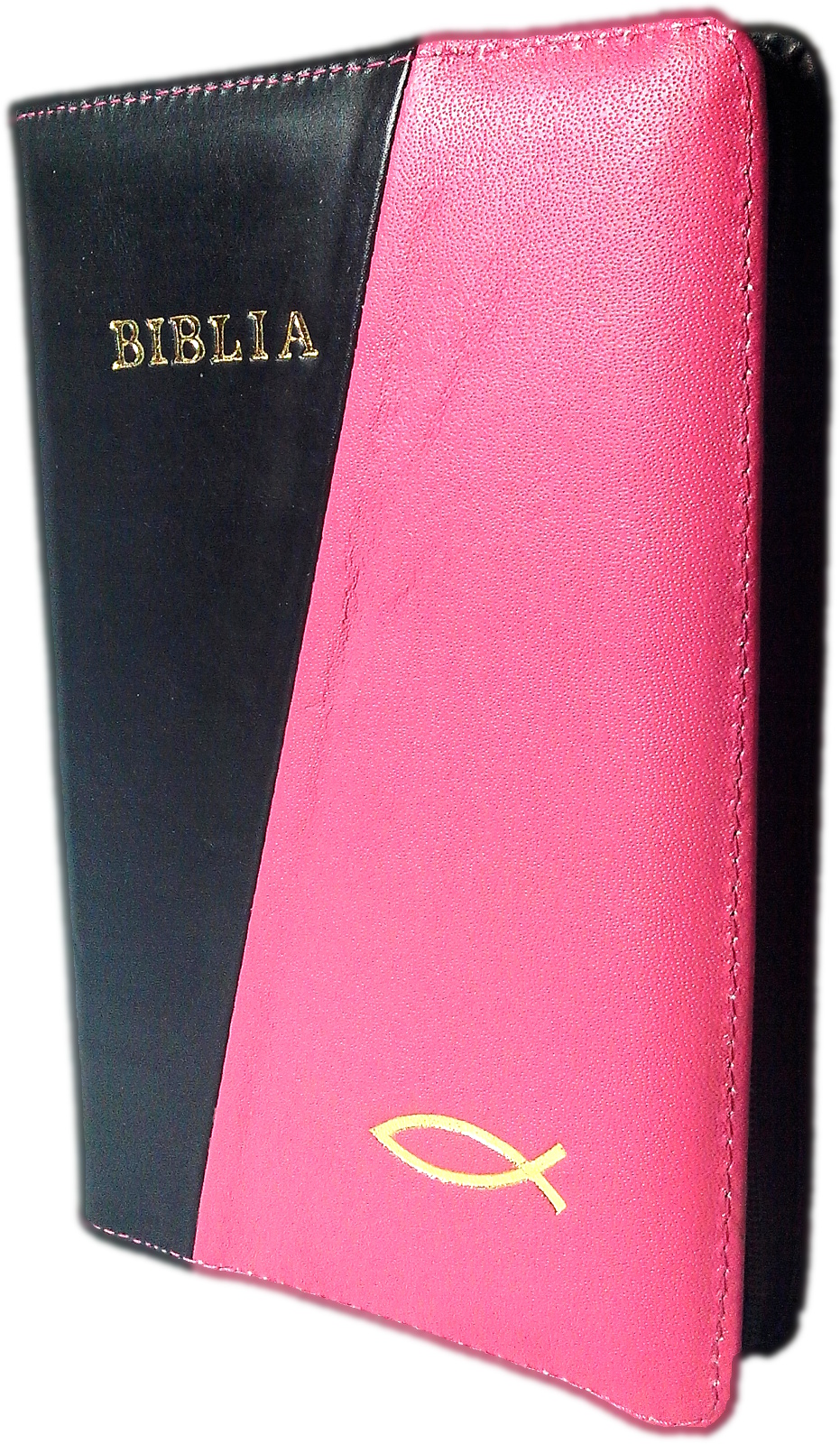 Biblia din piele, marime medie, negru / roz bombon, fermoar, cu peste, cuv. lui Isus cu rosu [053]