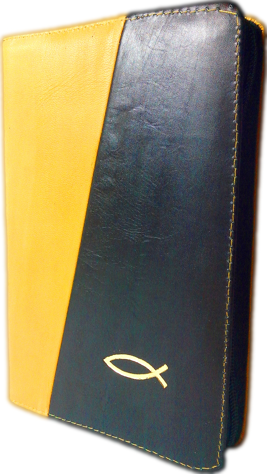 Biblie din piele, mica, galben / negru, fermoar, aurita, simbol peste, cuv. lui Isus in rosu [043 A]