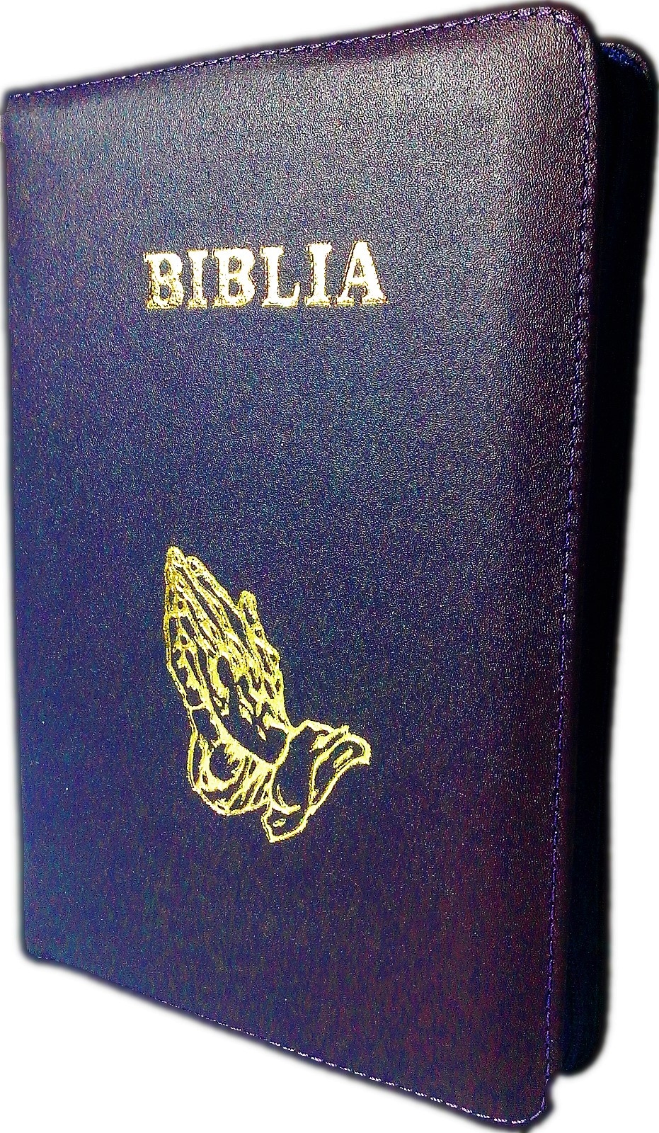 Biblie din piele, marime medie, mov, fermoar, margini albe, simbol maini in rugaciune, cuv. lui Isus cu rosu [053]