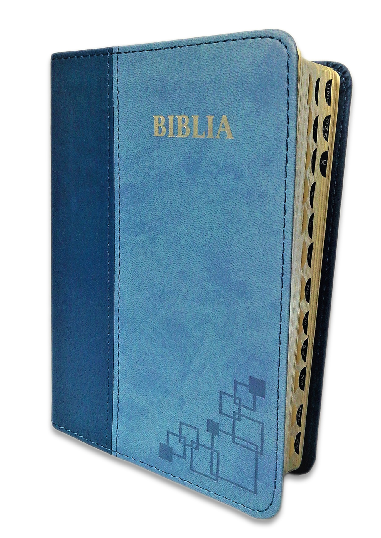 Biblie marime mica, piele ecologica, nuante de albastru, index, margini argintate, cuv. Isus rosu,cu index [SI 046 TI]