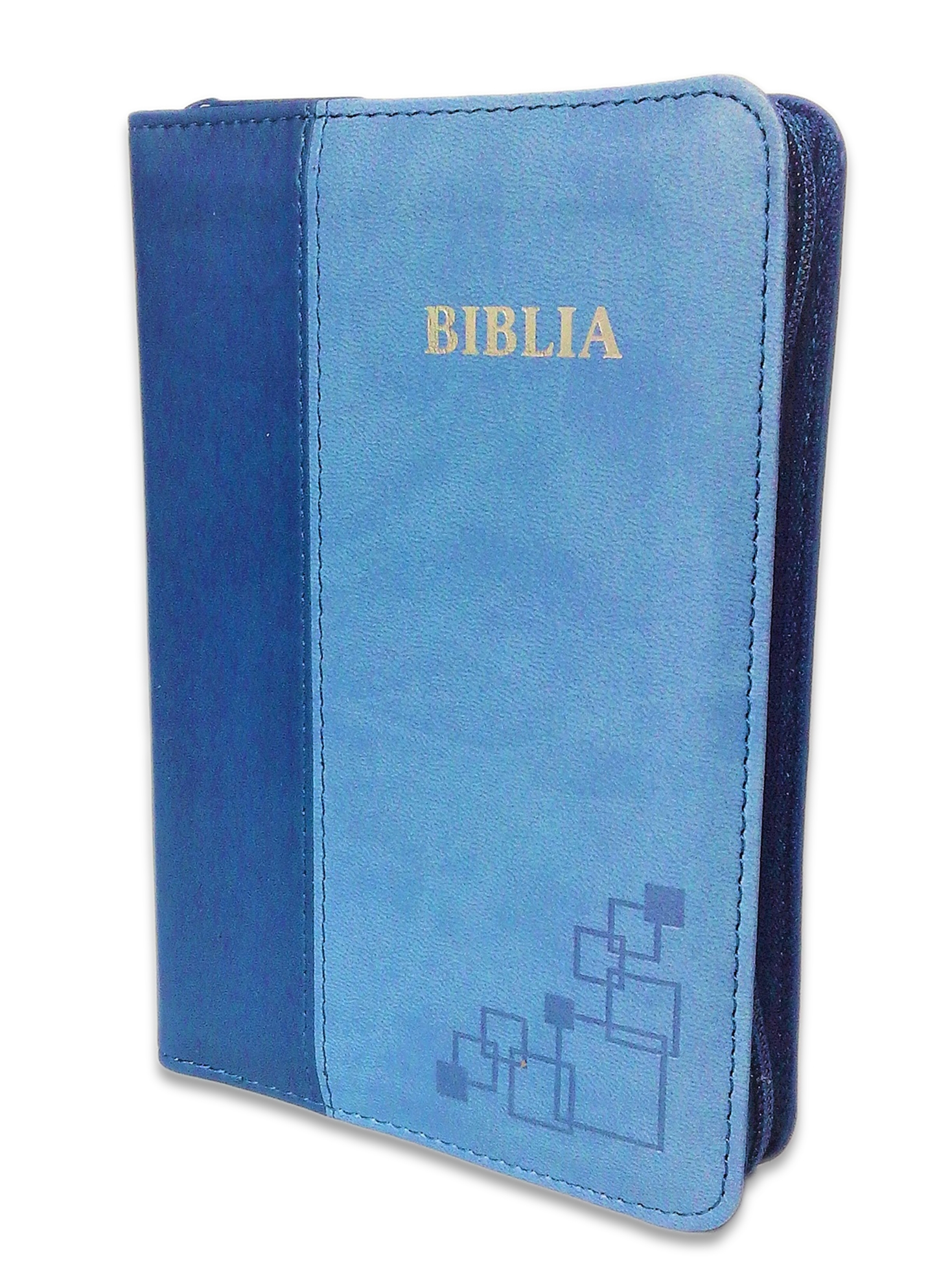 [ANTICARIAT] Biblie mica, piele ecologica, nuante de albastru, fermoar, index, margini argintate, cuv. lui Isus cu rosu [SI 046 ZTI] (Produs cu defect)