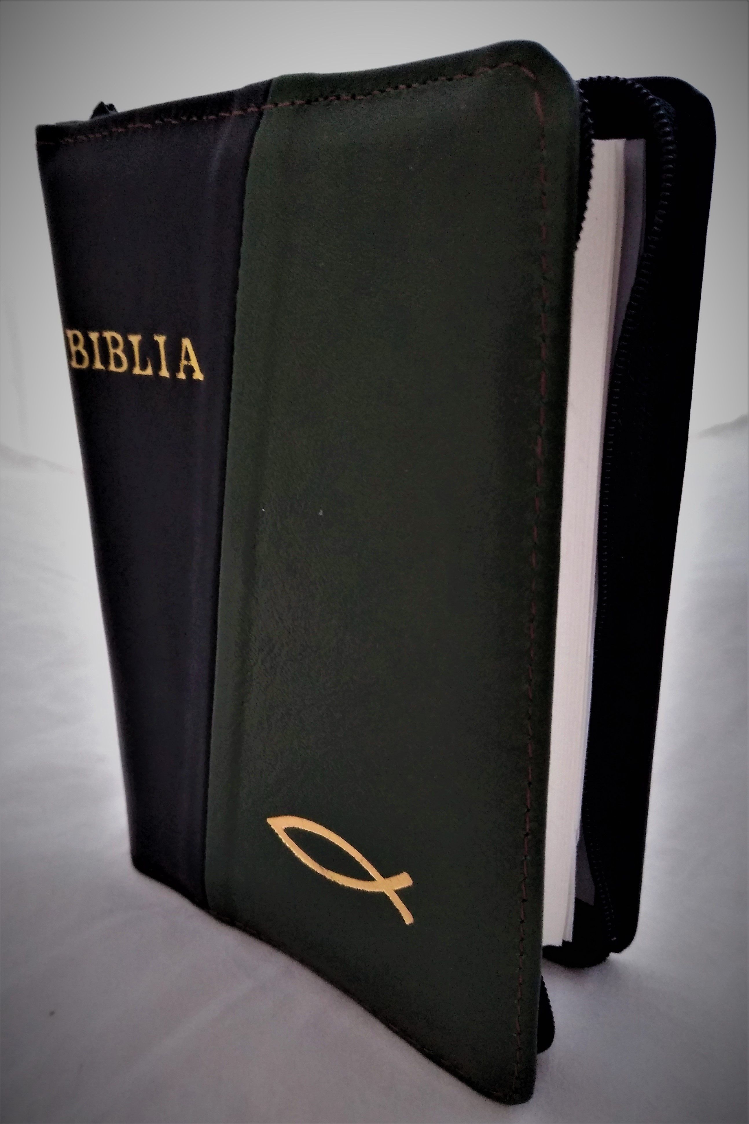 Biblie din piele, mica,nuanta negru/verde inchis, fermoar, margini albe, simbolul peste, cuv. lui Isus in rosu [043 PF]