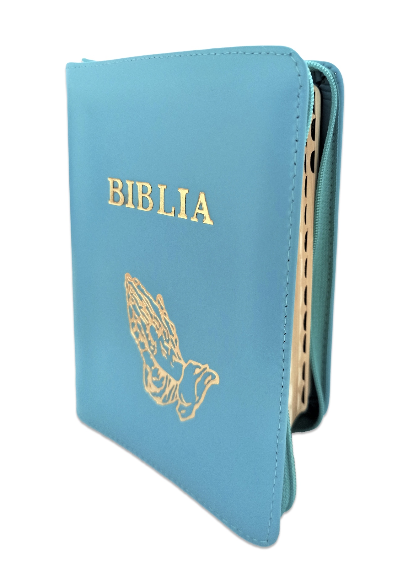 Biblia format mic, din piele, culoare albastra, index, fermoar, margini argintii, simbolul maini, cuv. lui Isus in rosu [047 PFI]