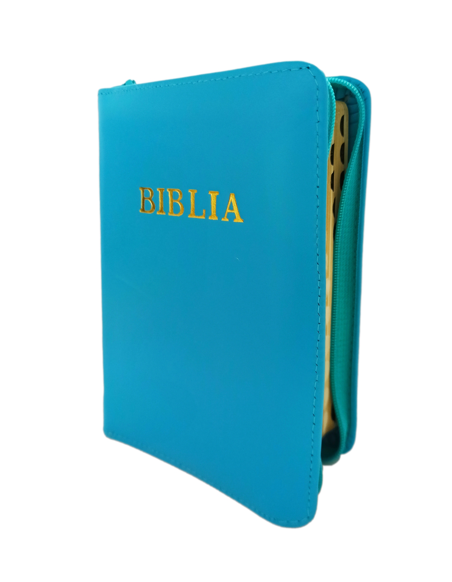 Biblie marime mica, piele,culoare albastru deschis, index, fermoar, margini aurii, cuv. lui Isus in rosu,[047 PFI]
