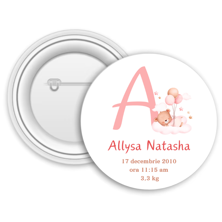 Insignă personalizată pentru copii cu inițială și text – Nou născut