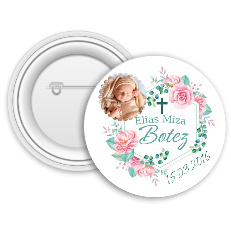 Insignă personalizată pentru copii cu poză, nume și dată – Botez Insignă personalizată pentru copii cu poză, nume și dată – Botez